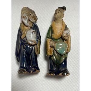 Chinese Shiwan Mudmen (2), Clay, Marked China, Some Damage, Antique 100+ Years
